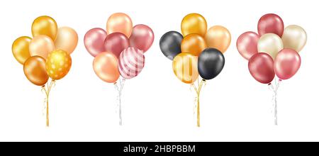 Geburtstagsballon Haufen Vektor-Set. Schwebende Ballons in Gold- und Rotgold-Farben mit Schnüren und Mustern auf weißem Hintergrund für den Geburtstag isoliert. Stock Vektor