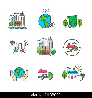 Globale Erwärmung und nachhaltige Stadt bunte Symbole gesetzt. Pixelgenaue, bearbeitbare Kontur Stock Vektor