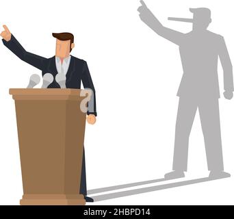 Politiker auf einem Podium hält Rede mit seinem langen Nasenschatten. Konzept des Lügners. Vektorgrafik Stock Vektor