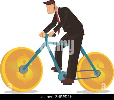 Geschäftsmann auf einem Münzfahrrad. Räder des Fahrrads sind goldene Münzen. Flache Vektorgrafik Stock Vektor