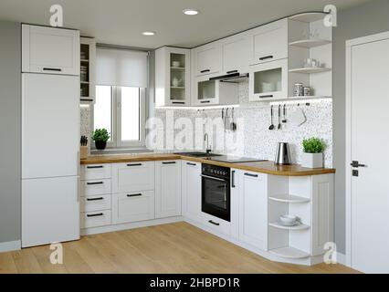Küchenausstattung. 3D Rendering einer hellen Küche. Stockfoto
