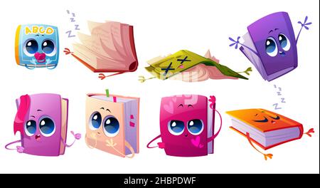 Niedliche Bücher Charaktere mit Lesezeichen und Gesichtern. Vektor-Cartoon-Symbole Satz von glücklichen lustigen Papier Literatur und Alphabet für Babys auf weißem Hintergrund isoliert Stock Vektor