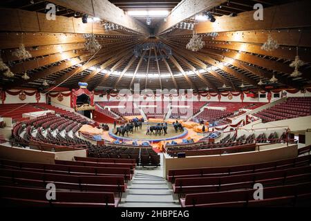 München, Deutschland. 20th Dez 2021. Hans-Ludwig Suppmeier, Tiertrainer, arbeitet im Ring des Cirkus Krone mit den Zirkuspferden. Wegen der Corona-Pandemie musste der Circus Krone das zweite Jahr in Folge sein Weihnachtsprogramm auf Eis legen. (To dpa 'an vielen Stellen keine fröhlichen Weihnachten im Zirkus - 'Wir sind so traurig') Quelle: Matthias Balk/dpa/Alamy Live News Stockfoto