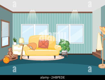 Leeres Wohnzimmer mit gelber Sofa-Illustration Stock Vektor