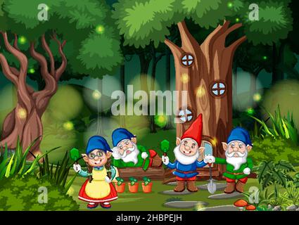 Fantasy Waldszene mit Gnom Familie Illustration Stock Vektor