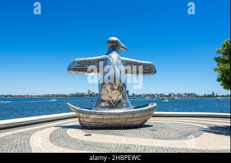 Erste Kontakt Vogelkunst Skulptur von Laurel Nannup am Elizabeth Quay, Perth, Western Australia, WA, Australien Stockfoto