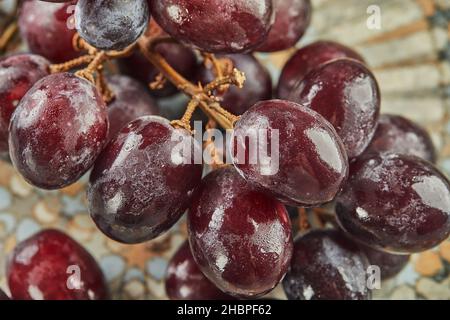 Frische Trauben mit Wassertropfen auf dem Teller, fertig zum Essen Stockfoto