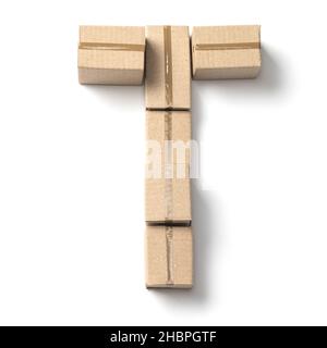 Buchstabe T. Alphabet aus Pappkartons zur Lieferung isoliert auf weißem Hintergrund. Stockfoto