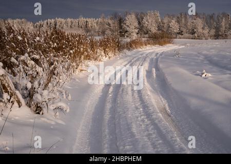 Verschneite Straße nach dem schweren Schneesturm Stockfoto