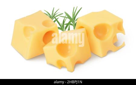 Käsewürfel isoliert auf weißem Hintergrund mit Beschneidungspfad und voller Schärfentiefe Stockfoto