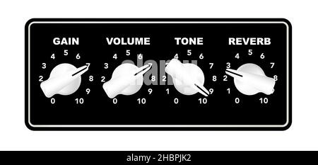 Ein Abschnitt eines E-Gitarren-Verstärkers steuert Hähnchenkopfknöpfe Stockfoto