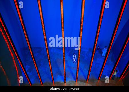 In einer der Galerien des Guggenheim Museums, Bilbao, Euskadi, Baskenland, Spanien. Installation von Jenny Holzer. Die vierzehn Werke, die in der enthalten sind Stockfoto