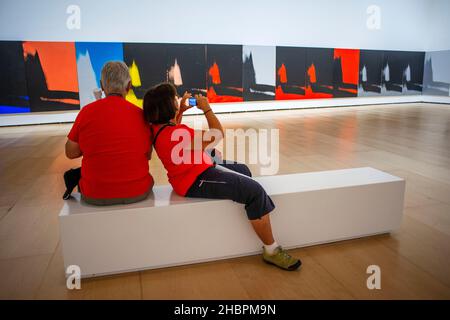 Andy Warhol Ausstellung im Guggenheim Museum, Bilbao, Euskadi, Baskenland, Spanien. Andy Warhol Shadows. Die 102 Leinwände, die alle zu sehen sind Stockfoto