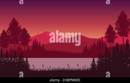 Fantastische Aussicht auf die Berge vom Flussufer in der Dämmerung. Vektordarstellung einer Stadt Stock Vektor