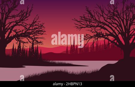 Fantastische Aussicht auf die Berge vom Flussufer in der Abenddämmerung mit den Silhouetten der umliegenden Bäume. Vektordarstellung einer Stadt Stock Vektor
