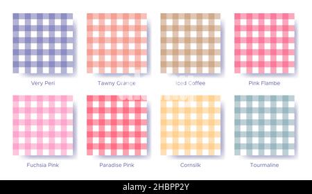 Gingham Nahtloses Muster in der Farbe von 2022 Very Peri gesetzt. Beispiel für einen Katalog von Farbfeldern in der Farbpalette. Passende Farbtöne für Modetrends - ente Stock Vektor