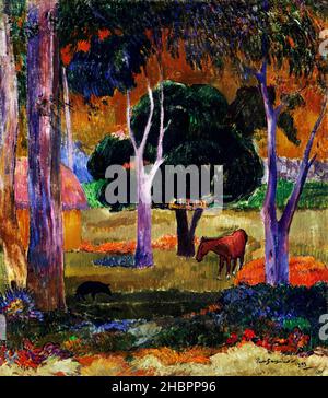 Landschaft mit einem Schwein und einem Pferd (1903) berühmtes Gemälde von Paul Gauguin. Stockfoto