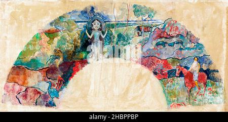 Design für einen Fan mit einer Landschaft und einer Statue der Göttin Hina (ca. 1900-1903) von Paul Gauguin. Stockfoto