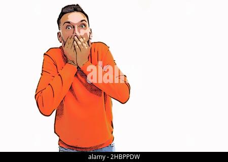 Überrascht und verblüfft bedeckt der Mann in einem orangefarbenen Pullover sein Gesicht mit den Handflächen vor Entsetzen Stockfoto