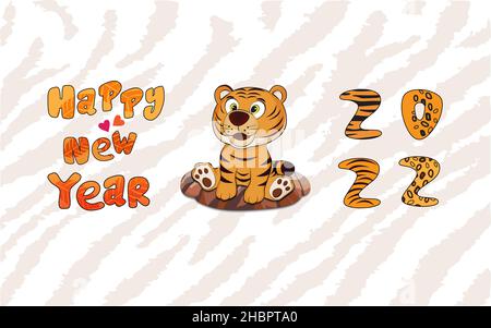 Ein Vektor, Illustration eines jungen bengalischen Tigers, gelb-orange mit schwarzem Muster, sitzend auf dem braunen Felsen mit Text glückliches neues Jahr 2022 Stock Vektor