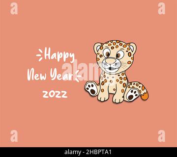 Ein Vektor, Illustration eines jungen Leoparden-Tigers, gelb-orange mit schwarzem Punktmuster, sitzend auf pastellorangem Hintergrund mit Text glückliches neues Jahr Stock Vektor