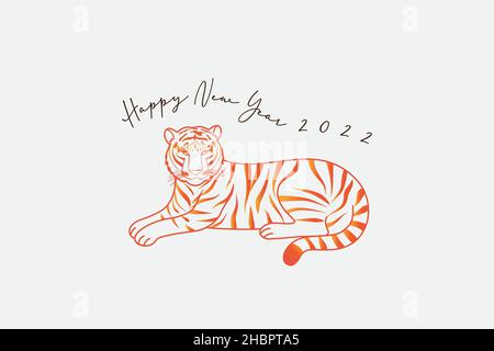 Ein Vektor, Illustration eines bengalischen Tigers, gelb-oranges Gradientenmuster, sitzend auf hellgrauem Hintergrund mit Text Happy New Year 2022 Stock Vektor