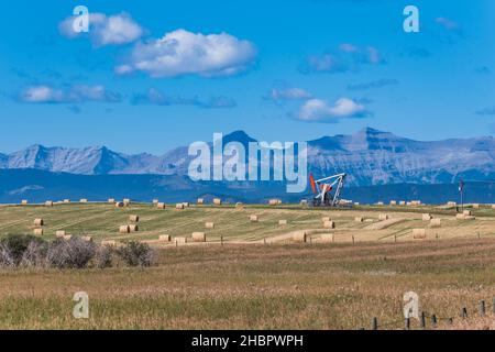 Landwirtschaft und Ölpumpenwerk Ölreserven in den Ausläufern der Rocky Mountains, Alberta, Kanada Stockfoto