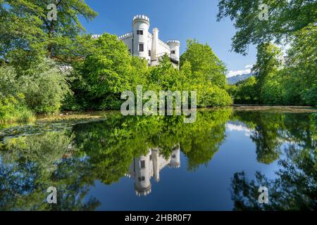 Schloss Marzoll mit dem Schlossweiher im Vordergrund - Spiegelung, Bad Reichenhall, Berchtesgadener Land, Bayern Stockfoto