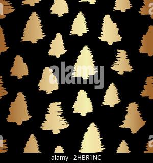 Gold Weihnachtsbaum endlose Muster-Design auf schwarzem Hintergrund Stock Vektor