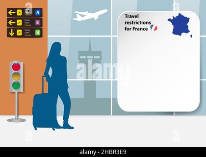 Vorlage für Reisebeschränkungen für Frankreich. Silhouette eines Touristen schaut auf eine leere Tafel am Flughafen. Bereit für Ihren Text. Stock Vektor