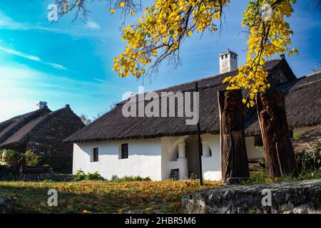 Reetdachhaus in Tihany, Plattensee im Hintergrund, Ungarn Stockfoto