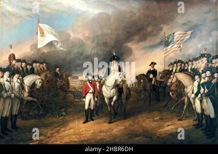 Trumbull (John Trumbull (6. Juni 1756 – 10. November 1843) Serie III – Kapitulation von Cornwallis [die Kapitulation von Lord Cornwallis ist ein Ölgemälde von John Trumbull. Das Gemälde wurde 1820 fertiggestellt und hängt in der Rotunde des Kapitols der Vereinigten Staaten in Washington, D.C., das Gemälde zeigt die Kapitulation des britischen Generalleutnants Charles, Earl Cornwallis in Yorktown, Virginia, am 19. Oktober 1781, die Beendigung der Belagerung von Yorktown und praktisch die Gewährleistung der amerikanischen Unabhängigkeit. In der Darstellung sind viele Führer der amerikanischen Truppen enthalten, die an der Belagerung teilgenommen haben]. Stockfoto