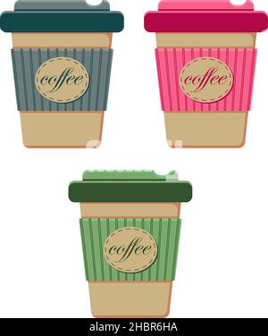 Set aus isolierten grünen, rosa und blauen Kaffeetassen mit Abzeichen und Handschrift Stock Vektor
