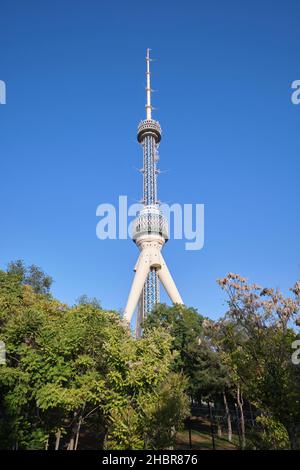 Ein Blick auf den Taschkent Fernsehturm mit grünen Bäumen und einem blauen Himmel Hintergrund. In Taschkent, Usbekistan. Stockfoto