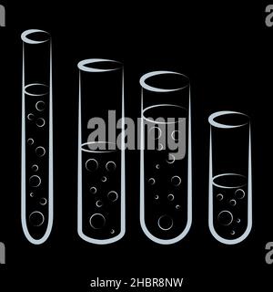 Vektorsymbole für chemische Reagenzgläser setzen minimalistische Illustrationen ein. Experiment chemische Kolben für Wissenschaft isoliert auf schwarzem Hintergrund. Stock Vektor