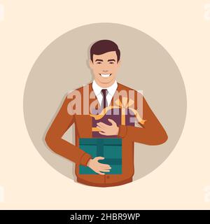 Lächeln Geschäftsmann mit einer großen Geschenkbox, Vektor-Illustration Stock Vektor