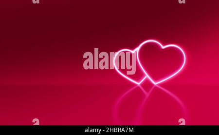 Neonlicht von zwei Herzen zusammen reflektieren auf rotem Boden Hintergrund. valentinstag Konzept. 3D Abbildung. Stockfoto