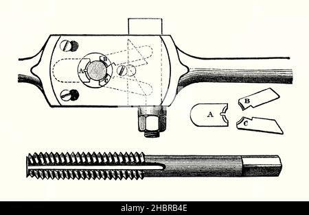 Eine alte Gravur, die Joseph Whitworth’s Schraubwerkzeuge und Gewindebohrer aus der Mitte 1800s zeigt. Es stammt aus einem viktorianischen Buch der 1890s über Entdeckungen und Erfindungen während des 1800s. Sir Joseph Whitworth, (1803–1887) war ein englischer Ingenieur, Erfinder und Philanthrope. Die Abbildung zeigt den Führungsstock (oben) mit seinen austauschbaren Schneidwerkzeugen (A, B und C). Das durch Drehen des Geräts im Stahl gebildete Schraubengewinde ist unten abgebildet. 1841 entwickelte er das britische Standard Whitworth-System. Es wurde zum Standardsystem für Schraubgewinde (die noch Whitworth's Namen tragen). Stockfoto