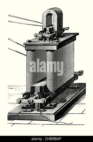 Eine alte Gravur von Wilde’s Machine, einem magneto-elektrischen Gerät aus der Mitte des Jahres 1800s. Es stammt aus einem viktorianischen Buch der 1890s über Entdeckungen und Erfindungen während des 1800s. Hier versorgt ein kleiner Magneto (oben) die Feldspulen einer größeren Lichtmaschine darunter. Henry Wilde (1833–1919) aus Manchester, England, nutzte sein selbstgemachtes Vermögen, um sich für die Elektrotechnik zu interessieren. Wilde erfand die leistungsstarke Dynamo-elektrische Maschine, oder selbst-energetisierende Dynamo. Wilde liebte spektakuläre Demonstrationen, wie die Fähigkeit seiner Maschine, Eisenstangen zu schmelzen. Stockfoto