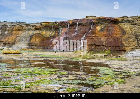 Blick auf den Cap Ferre Wasserfall, einen kleinen, eisenreichen Wasserfall (daher die rostige Farbe), in der Nähe von Havre St Pierre, in der Cote Nord Region von Quebec, Kanada Stockfoto