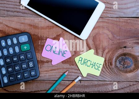 Textunterschrift mit Darstellung des Online-Kaufes. Wort geschrieben auf Käufe elektronischen Handel Waren aus über das Internet Anzeige von verschiedenen Farbe Aufkleber Stockfoto