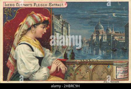 Serie Städte und Menschen, Frau in Tracht vor der Kulisse von Venedig / Cities and People Serie, Frau in Tracht vor der Kulisse von Venedig, Italien, Italien, Liebigbild, digital verbesserte Reproduktion eines Sammelbildes der Firma Liebig, geschätzt ab 1900, pd / digital restaurierte Reproduktion eines Sammelbildes von ca 1900, gemeinfrei, genau Datum unbekannt Stockfoto
