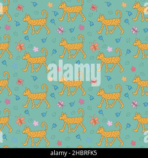 Dynamisches nahtloses Muster mit fröhlichem Hund auf türkisfarbenem Hintergrund. Handgezeichnete Vektorgrafik im Doodle-Stil. Stock Vektor