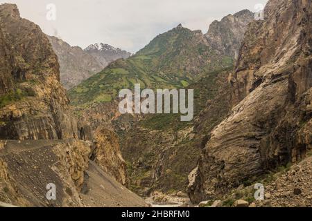 Fluss Panj Pyandzh zwischen Tadschikistan und Afghanistan. Die Straße Pamir Highway ist links eingemeißelt. Stockfoto