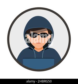 Hacker-Symbol. Mann in einem schwarzen Hoodie sitzt an einem Laptop. Hacker im Kreis isoliert Symbol auf weißem Hintergrund. vektor-Illustration in flachem Design. cyb Stock Vektor