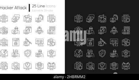 Lineare Symbole für Hacker-Angriffe, die für den Dunkel- und Lichtmodus eingestellt sind Stock Vektor