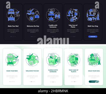 Tägliche Routinetipps Nacht- und Tagesmodus Onboarding des Bildschirms der mobilen App Stock Vektor