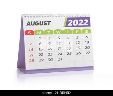 August White Office Kalender 2022 isoliert auf Weiß Stockfoto