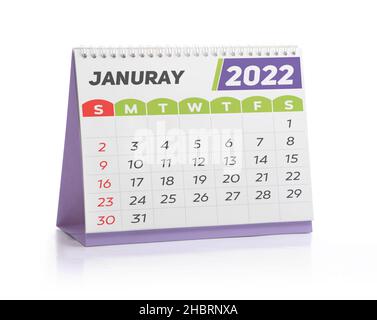 Januar White Office Kalender 2022 isoliert auf Weiß Stockfoto