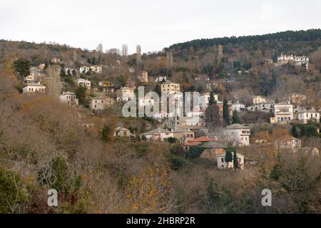 Panoramablick auf ein traditionelles Dorf mit Steinhäusern an einem bewölkten Tag in Pelion, Griechenland Stockfoto